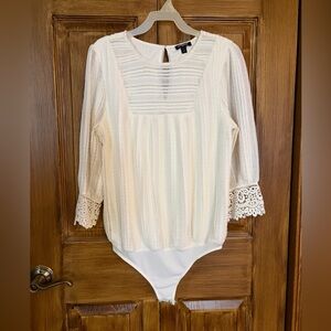 Express Cream Crochet Lace Bodysuit Top